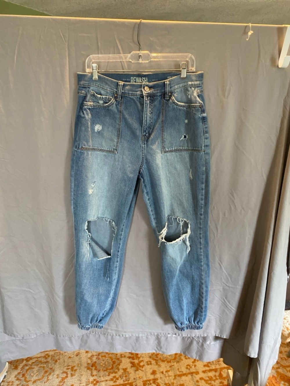 Rewash Distressed Light Blue Relaxed Jeans with Elastic Hem
